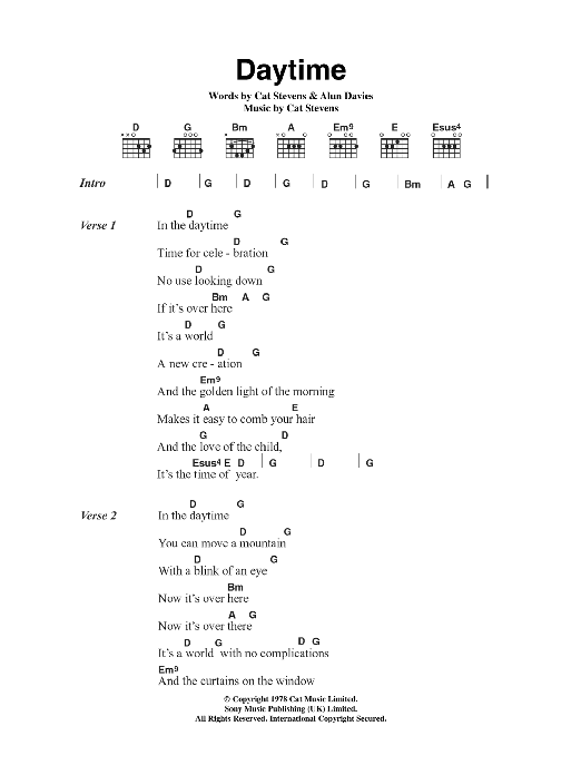 Cat Stevens Daytime Sheet Music Notes & Chords for Lyrics & Chords - Download or Print PDF