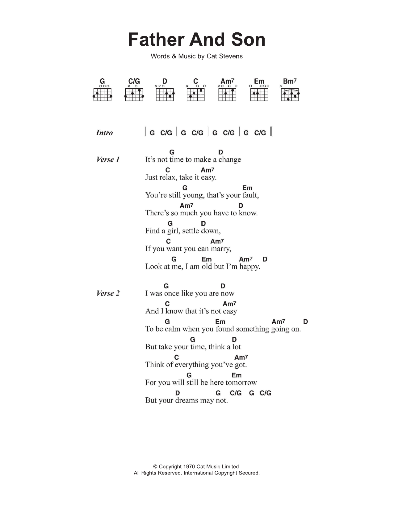 Cat Stevens Father And Son Sheet Music Notes & Chords for Piano, Vocal & Guitar (Right-Hand Melody) - Download or Print PDF