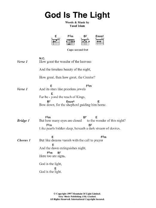 Cat Stevens God Is The Light Sheet Music Notes & Chords for Lyrics & Chords - Download or Print PDF