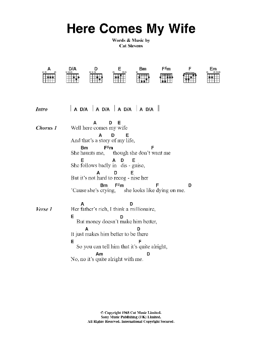 Cat Stevens Here Comes My Wife Sheet Music Notes & Chords for Lyrics & Chords - Download or Print PDF Cat Stevens Here Comes My Wife Sheet Music Notes & Chords for Lyrics & Chords - Download or Print PDF