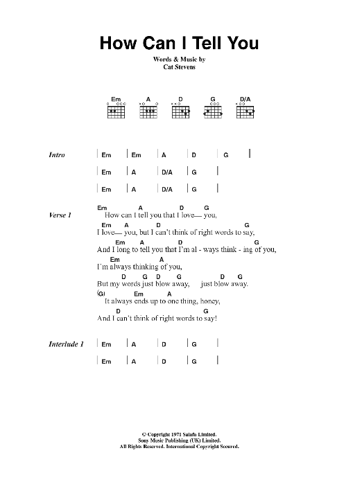 Cat Stevens How Can I Tell You Sheet Music Notes & Chords for Piano, Vocal & Guitar - Download or Print PDF