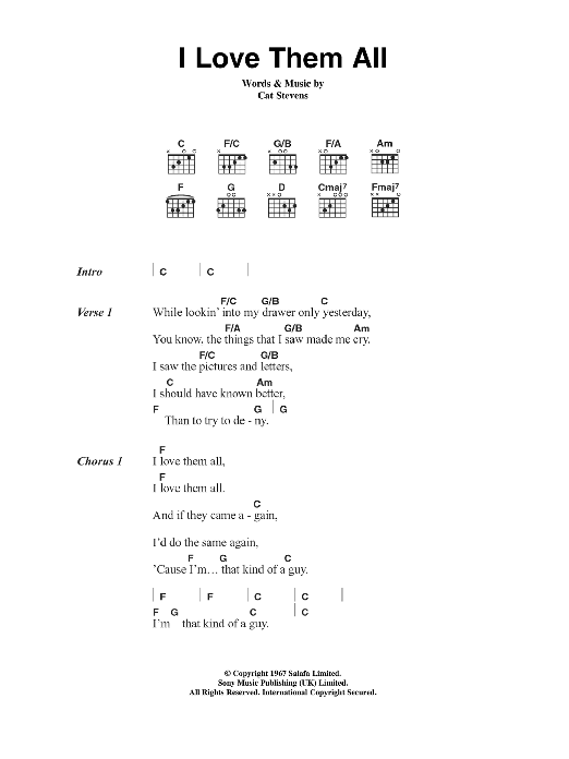 Cat Stevens I Love Them All Sheet Music Notes & Chords for Lyrics & Chords - Download or Print PDF