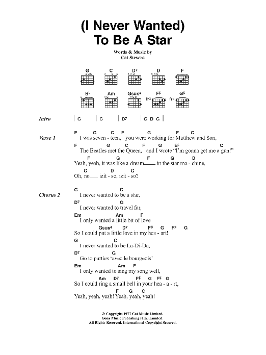 Cat Stevens (I Never Wanted) To Be A Star Sheet Music Notes & Chords for Lyrics & Chords - Download or Print PDF