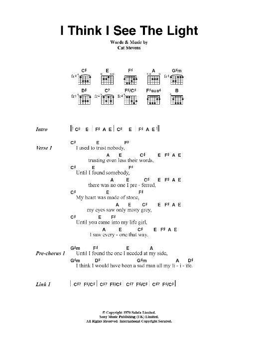 Cat Stevens I Think I See The Light Sheet Music Notes & Chords for Lyrics & Chords - Download or Print PDF