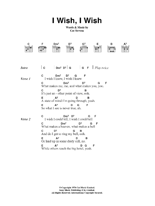 Cat Stevens I Wish, I Wish Sheet Music Notes & Chords for Lyrics & Chords - Download or Print PDF Cat Stevens I Wish, I Wish Sheet Music Notes & Chords for Lyrics & Chords - Download or Print PDF