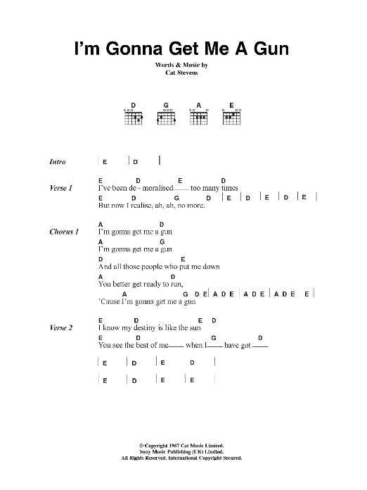 Cat Stevens I'm Gonna Get Me A Gun Sheet Music Notes & Chords for Lyrics & Chords - Download or Print PDF Cat Stevens I'm Gonna Get Me A Gun Sheet Music Notes & Chords for Lyrics & Chords - Download or Print PDF