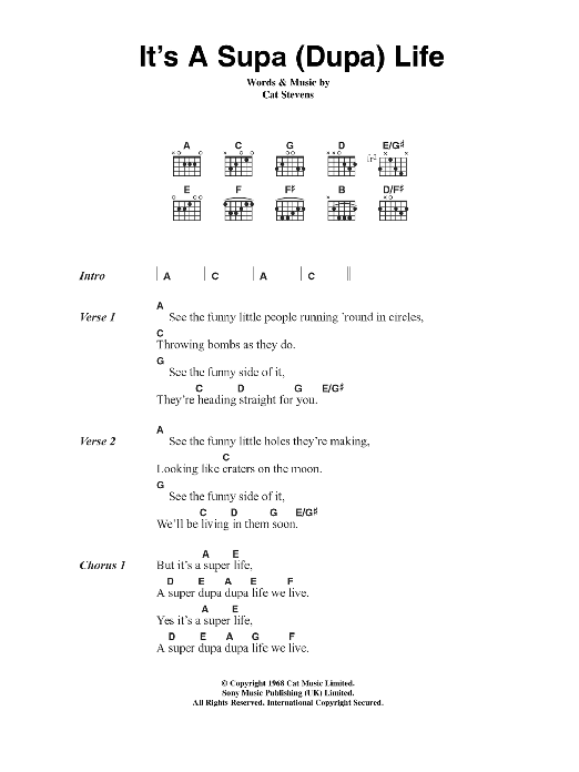 Cat Stevens It's A Supa (Dupa) Life Sheet Music Notes & Chords for Lyrics & Chords - Download or Print PDF