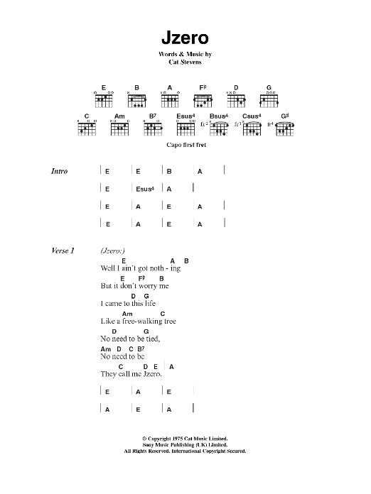 Cat Stevens Jzero Sheet Music Notes & Chords for Lyrics & Chords - Download or Print PDF