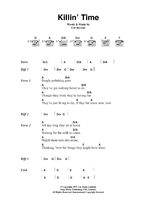 Cat Stevens Killin' Time Sheet Music Notes & Chords for Lyrics & Chords - Download or Print PDF