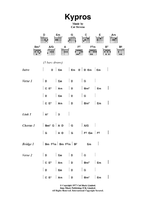 Cat Stevens Kypros Sheet Music Notes & Chords for Lyrics & Chords - Download or Print PDF