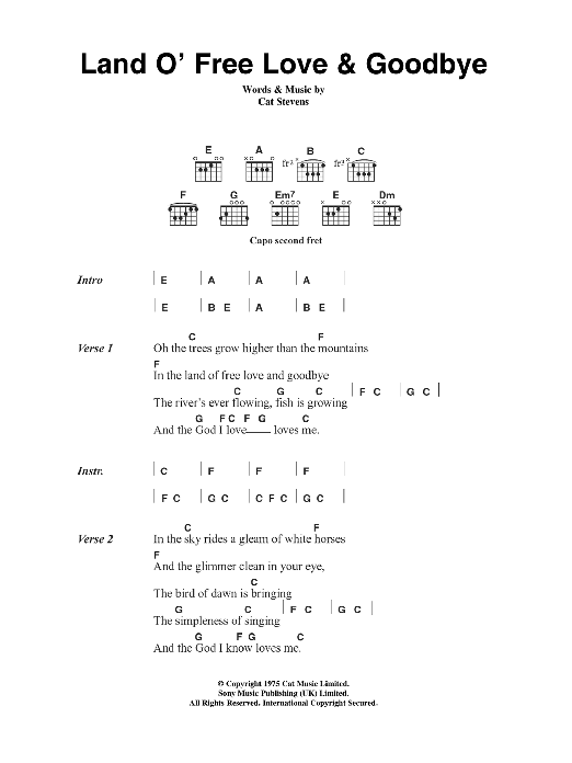 Cat Stevens Land O' Free Love & Goodbye Sheet Music Notes & Chords for Lyrics & Chords - Download or Print PDF