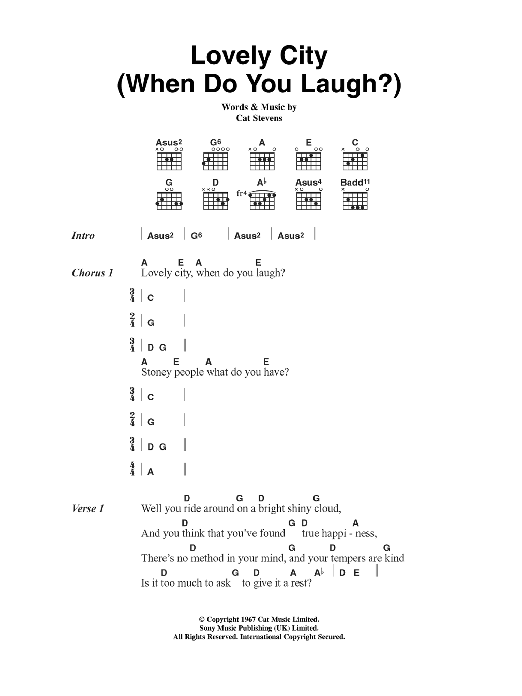 Cat Stevens Lovely City (When Do You Laugh?) Sheet Music Notes & Chords for Lyrics & Chords - Download or Print PDF