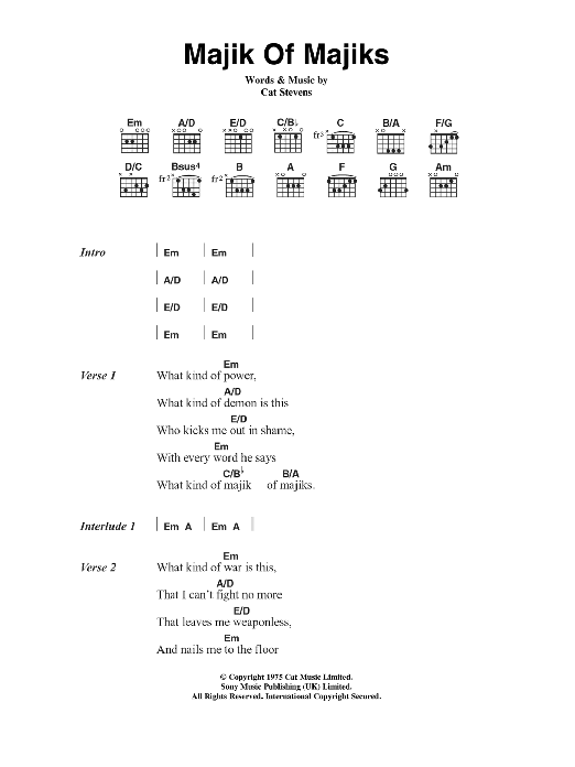 Cat Stevens Majik Of Majiks Sheet Music Notes & Chords for Lyrics & Chords - Download or Print PDF