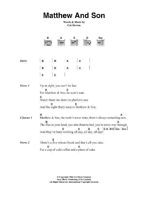 Cat Stevens Matthew And Son Sheet Music Notes & Chords for Lyrics & Chords - Download or Print PDF