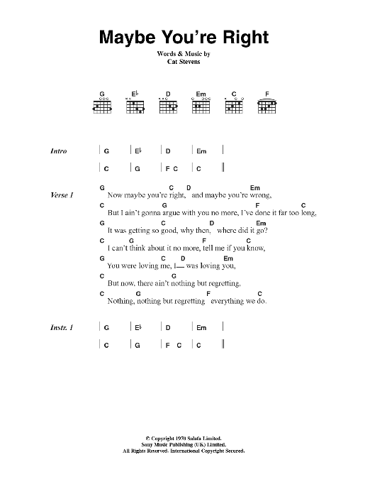 Cat Stevens Maybe You're Right Sheet Music Notes & Chords for Lyrics & Chords - Download or Print PDF