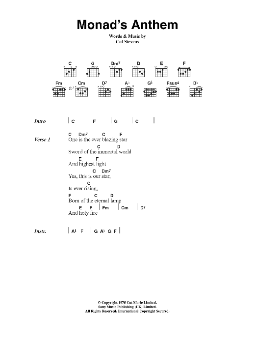 Cat Stevens Monad's Anthem Sheet Music Notes & Chords for Lyrics & Chords - Download or Print PDF