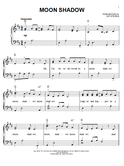 Cat Stevens Moon Shadow Sheet Music Notes & Chords for Lyrics & Chords - Download or Print PDF
