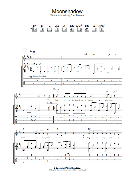 Cat Stevens Moonshadow Sheet Music Notes & Chords for Guitar Chords/Lyrics - Download or Print PDF