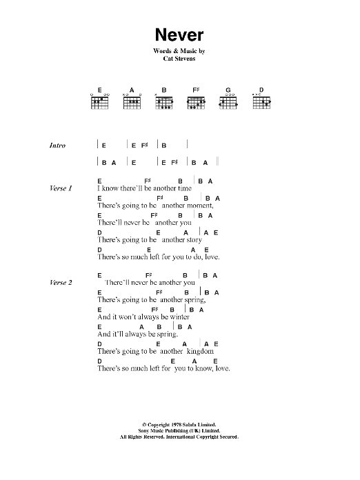 Cat Stevens Never Sheet Music Notes & Chords for Lyrics & Chords - Download or Print PDF