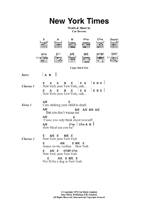 Cat Stevens New York Times Sheet Music Notes & Chords for Lyrics & Chords - Download or Print PDF