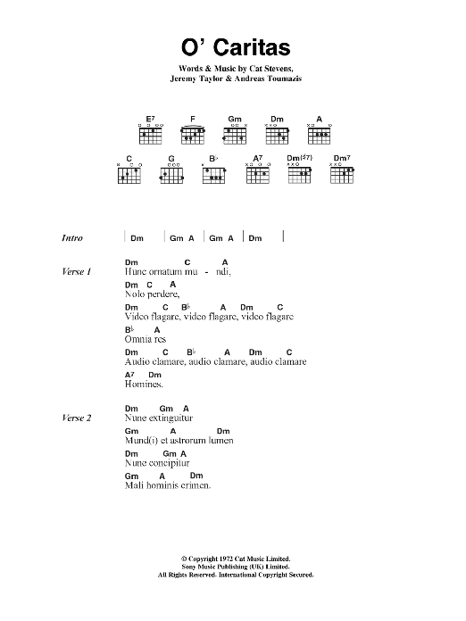 Cat Stevens O' Caritas Sheet Music Notes & Chords for Lyrics & Chords - Download or Print PDF