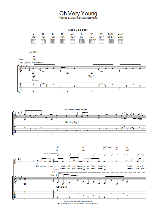 Cat Stevens Oh Very Young Sheet Music Notes & Chords for Piano, Vocal & Guitar - Download or Print PDF