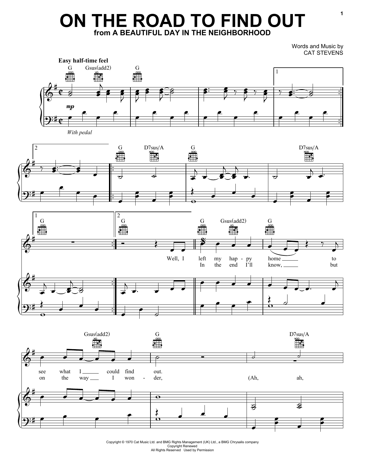Cat Stevens On The Road To Find Out (from A Beautiful Day in the Neighborhood) Sheet Music Notes & Chords for Piano, Vocal & Guitar (Right-Hand Melody) - Download or Print PDF