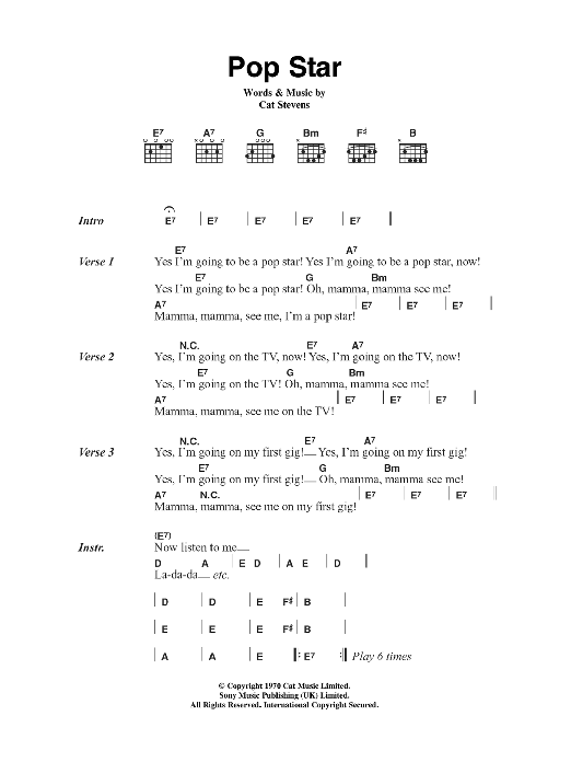 Cat Stevens Pop Star Sheet Music Notes & Chords for Lyrics & Chords - Download or Print PDF