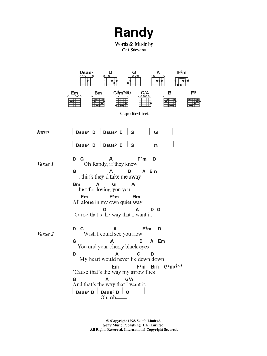 Cat Stevens Randy Sheet Music Notes & Chords for Lyrics & Chords - Download or Print PDF