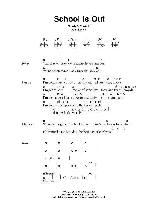 Cat Stevens School Is Out Sheet Music Notes & Chords for Lyrics & Chords - Download or Print PDF