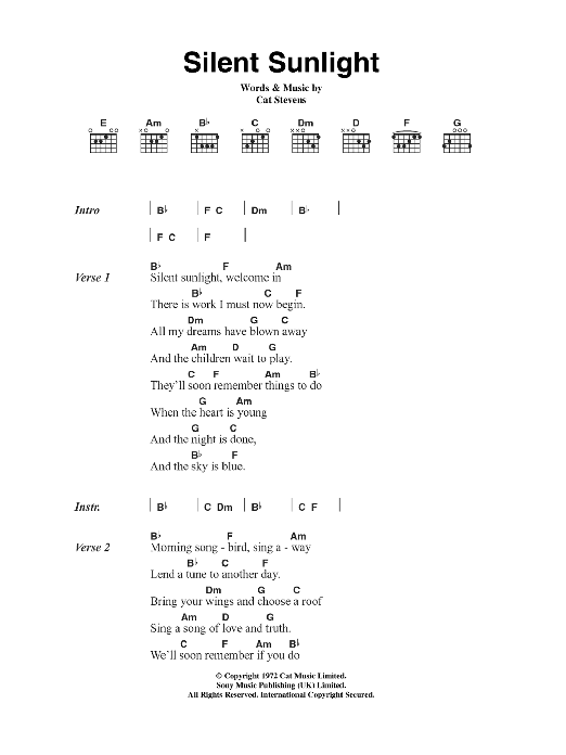 Cat Stevens Silent Sunlight Sheet Music Notes & Chords for Lyrics & Chords - Download or Print PDF