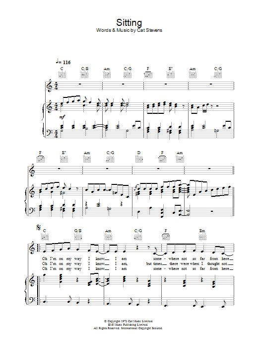 Cat Stevens Sitting (from the musical 'Moonshadow') Sheet Music Notes & Chords for Piano, Vocal & Guitar - Download or Print PDF