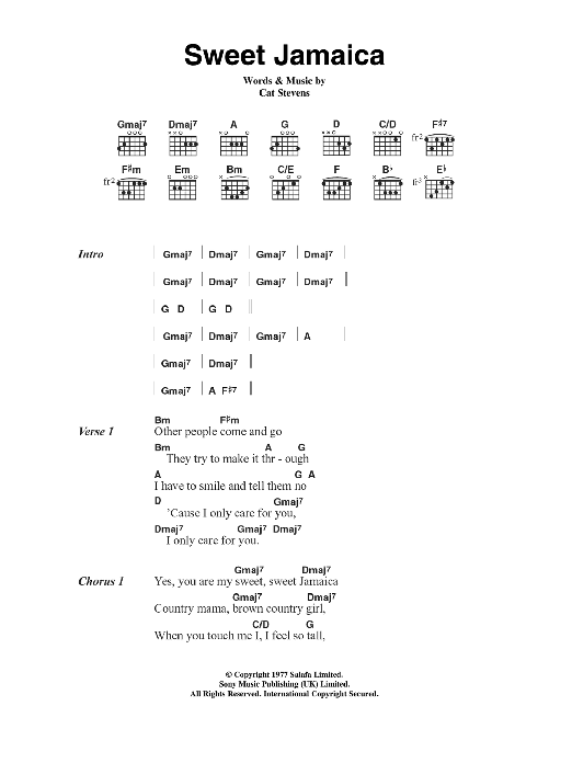 Cat Stevens Sweet Jamaica Sheet Music Notes & Chords for Lyrics & Chords - Download or Print PDF