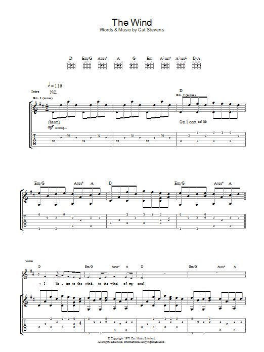 Cat Stevens The Wind Sheet Music Notes & Chords for Lyrics & Chords - Download or Print PDF