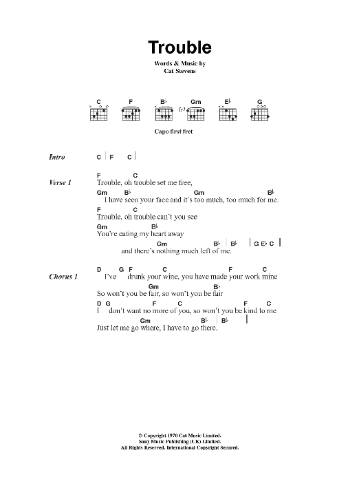 Cat Stevens Trouble Sheet Music Notes & Chords for Lyrics & Chords - Download or Print PDF