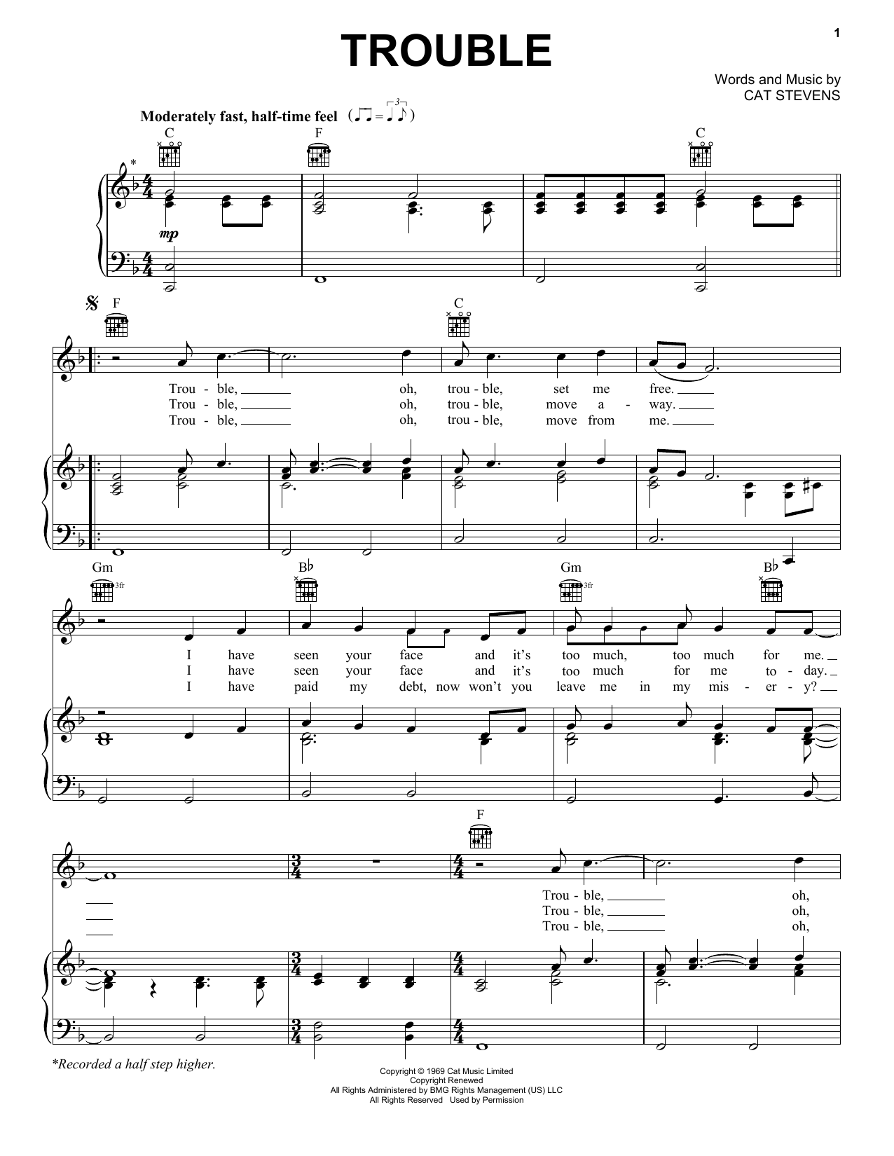 Cat Stevens Trouble Sheet Music Notes & Chords for Piano, Vocal & Guitar (Right-Hand Melody) - Download or Print PDF