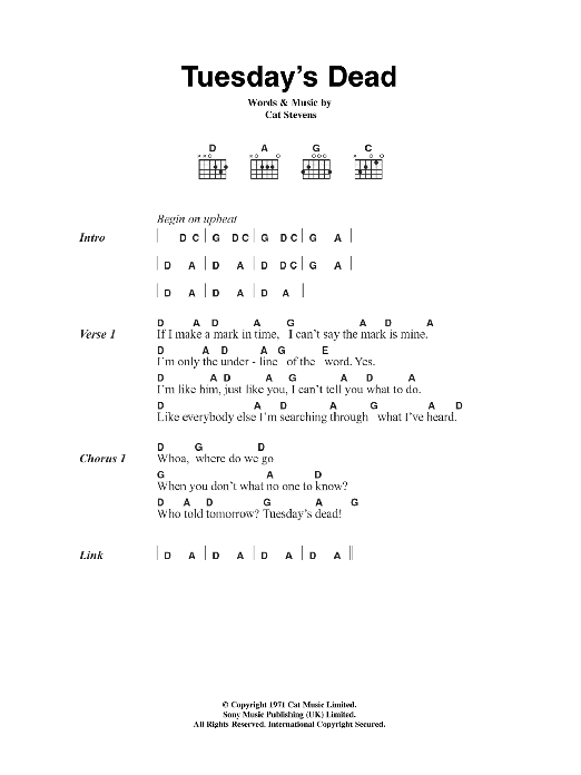 Cat Stevens Tuesday's Dead Sheet Music Notes & Chords for Easy Piano - Download or Print PDF