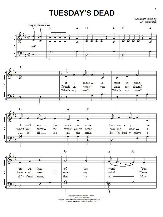 Cat Stevens Tuesday's Dead Sheet Music Notes & Chords for Easy Piano - Download or Print PDF