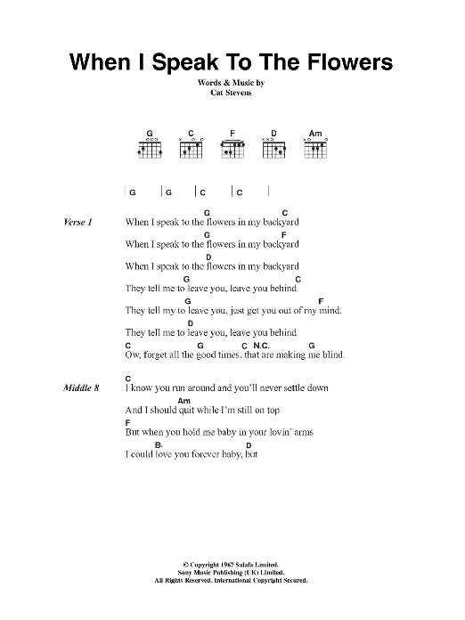 Cat Stevens When I Speak To The Flowers Sheet Music Notes & Chords for Lyrics & Chords - Download or Print PDF