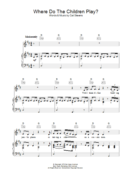 Cat Stevens Where Do The Children Play? Sheet Music Notes & Chords for Piano, Vocal & Guitar (Right-Hand Melody) - Download or Print PDF