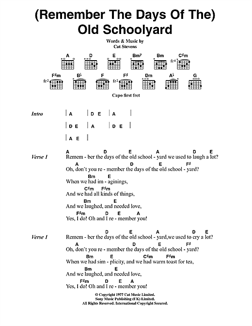 Preview Cat Stevens (Remember The Days Of The) Old Schoolyard (from the musical 'Moonshadow') Pop sheet music, notes and chords for Piano, Vocal & Guitar, SKU: 33903 (Remember The Days Of The) Old Schoolyard (from the musical 'Moonshadow') sheet music