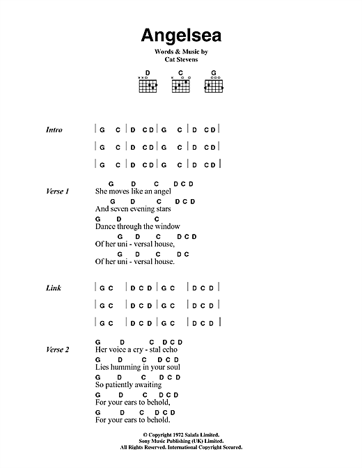 Cat Stevens Angelsea Sheet Music Notes & Chords for Lyrics & Chords - Download or Print PDF