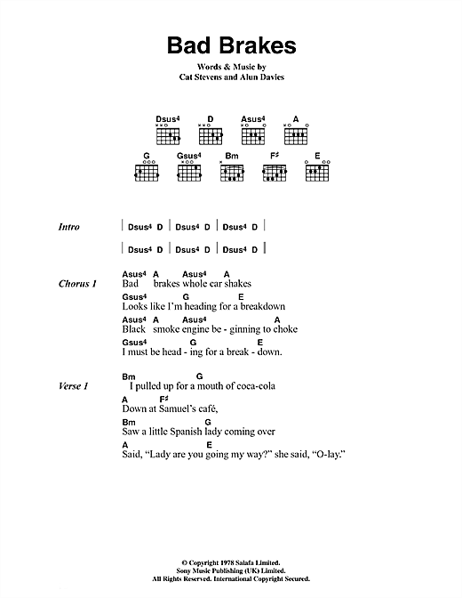 Cat Stevens Bad Brakes Sheet Music Notes & Chords for Lyrics & Chords - Download or Print PDF