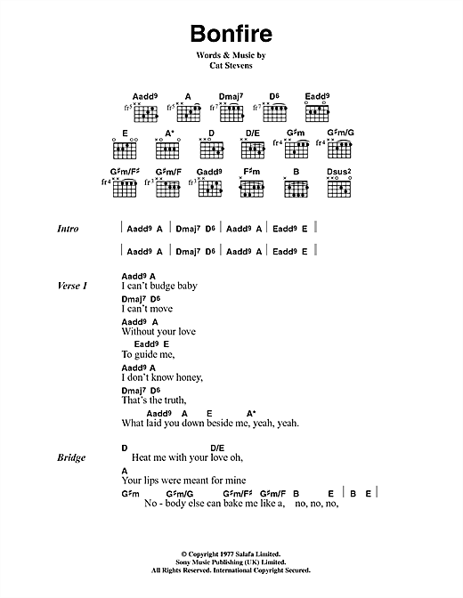 Cat Stevens Bonfire Sheet Music Notes & Chords for Lyrics & Chords - Download or Print PDF
