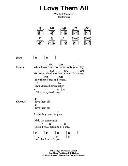 Cat Stevens I Love Them All Sheet Music Notes & Chords for Lyrics & Chords - Download or Print PDF