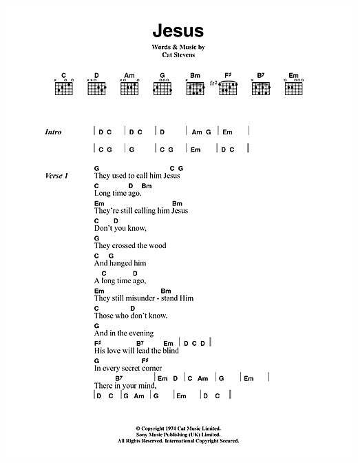 Cat Stevens Jesus Sheet Music Notes & Chords for Lyrics & Chords - Download or Print PDF