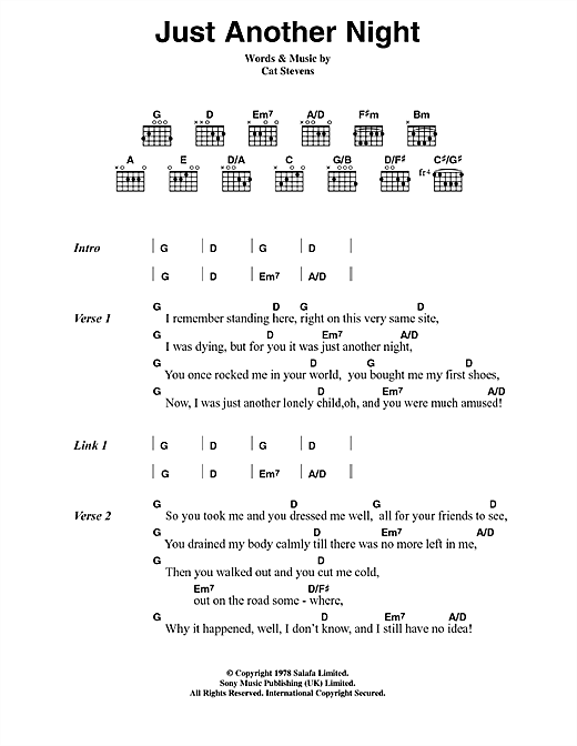 Preview Cat Stevens Just Another Night Pop sheet music, notes and chords for Piano, Vocal & Guitar, SKU: 33902 Just Another Night sheet music