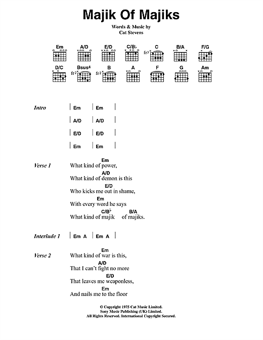 Cat Stevens Majik Of Majiks Sheet Music Notes & Chords for Lyrics & Chords - Download or Print PDF