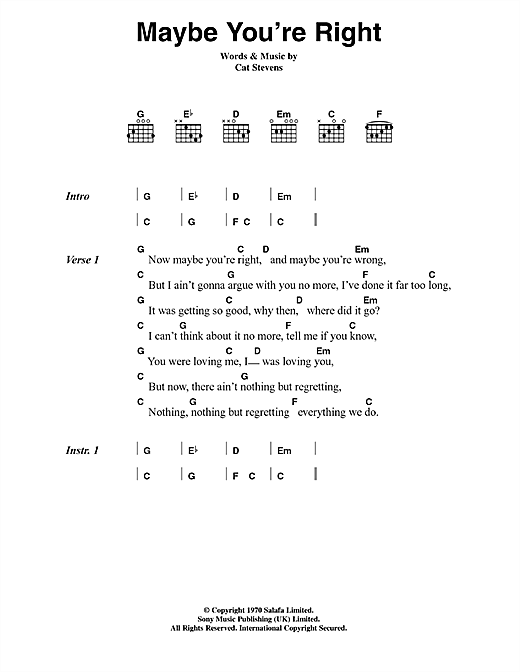Cat Stevens Maybe You're Right Sheet Music Notes & Chords for Lyrics & Chords - Download or Print PDF