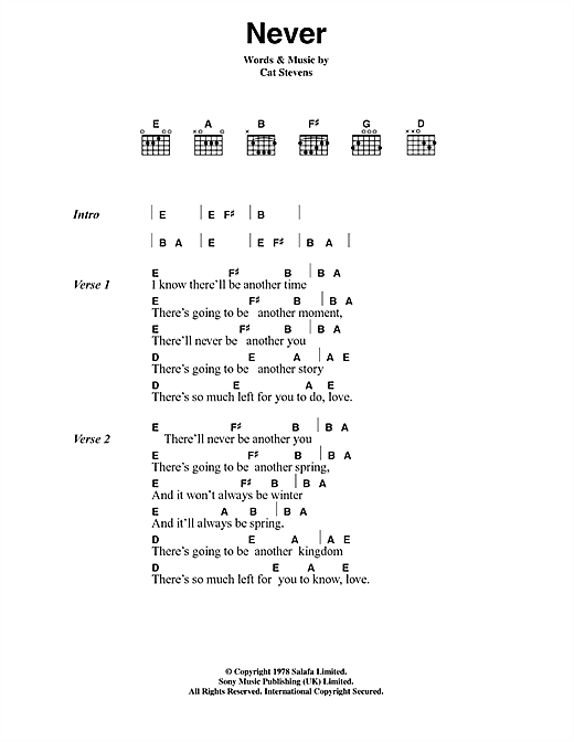 Cat Stevens Never Sheet Music Notes & Chords for Lyrics & Chords - Download or Print PDF
